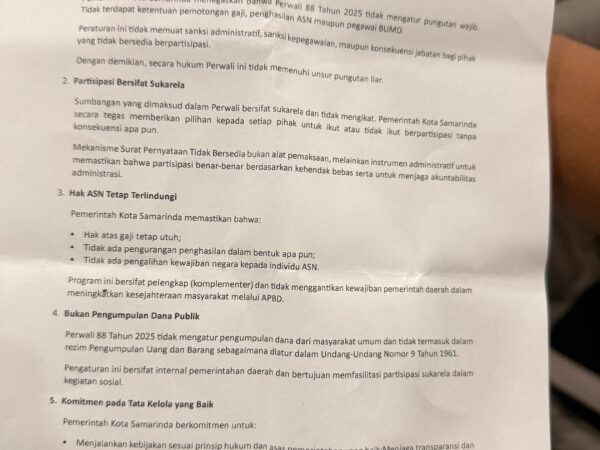 Pemkot Samarinda Tegaskan Perwali 88/2025 Sumbangan Gotong Royong Bukan Pungutan Wajib